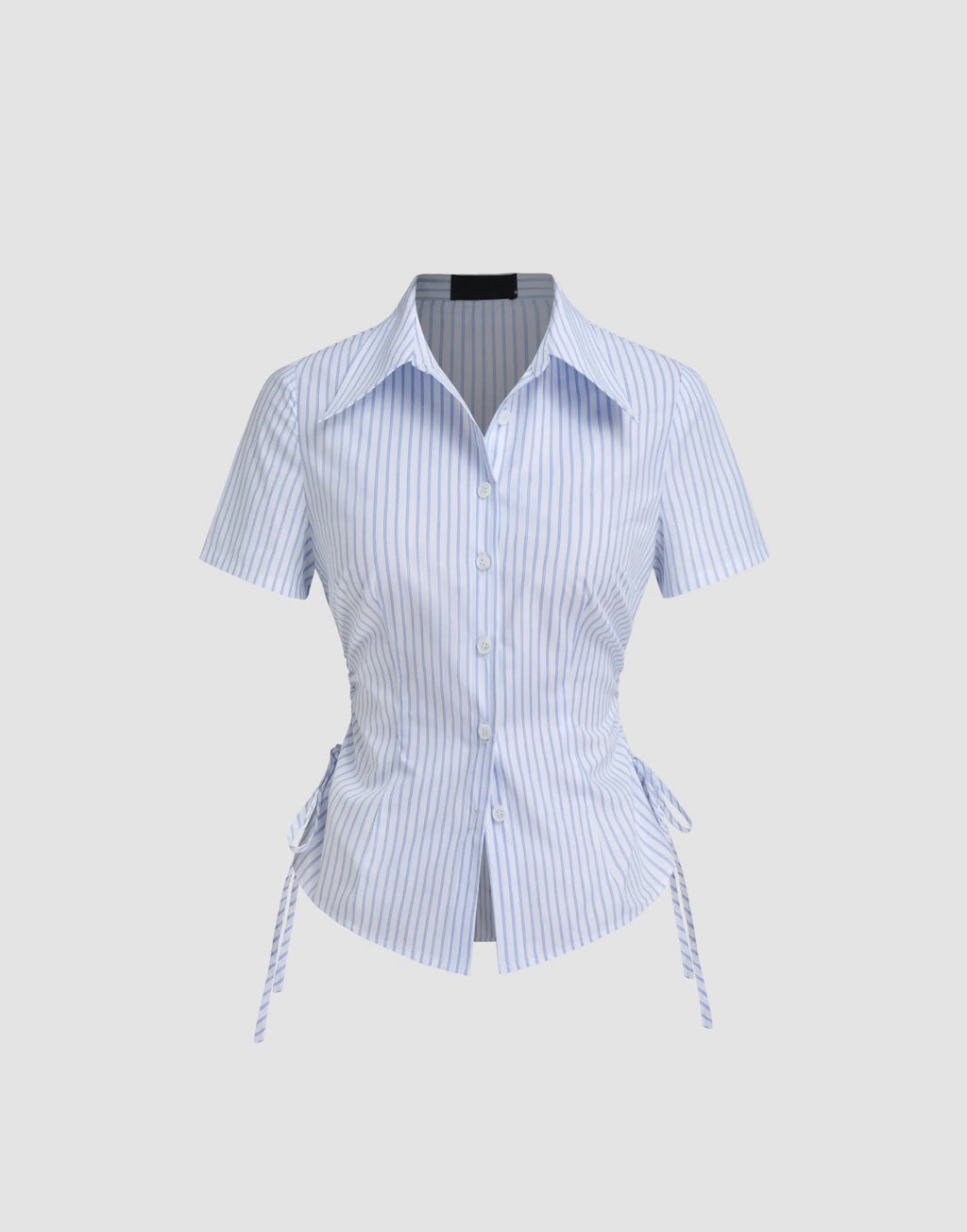 Cotton-Blend Polo Colar Stripe Drawstring Knotted Shirt