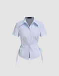 Cotton-Blend Polo Colar Stripe Drawstring Knotted Shirt