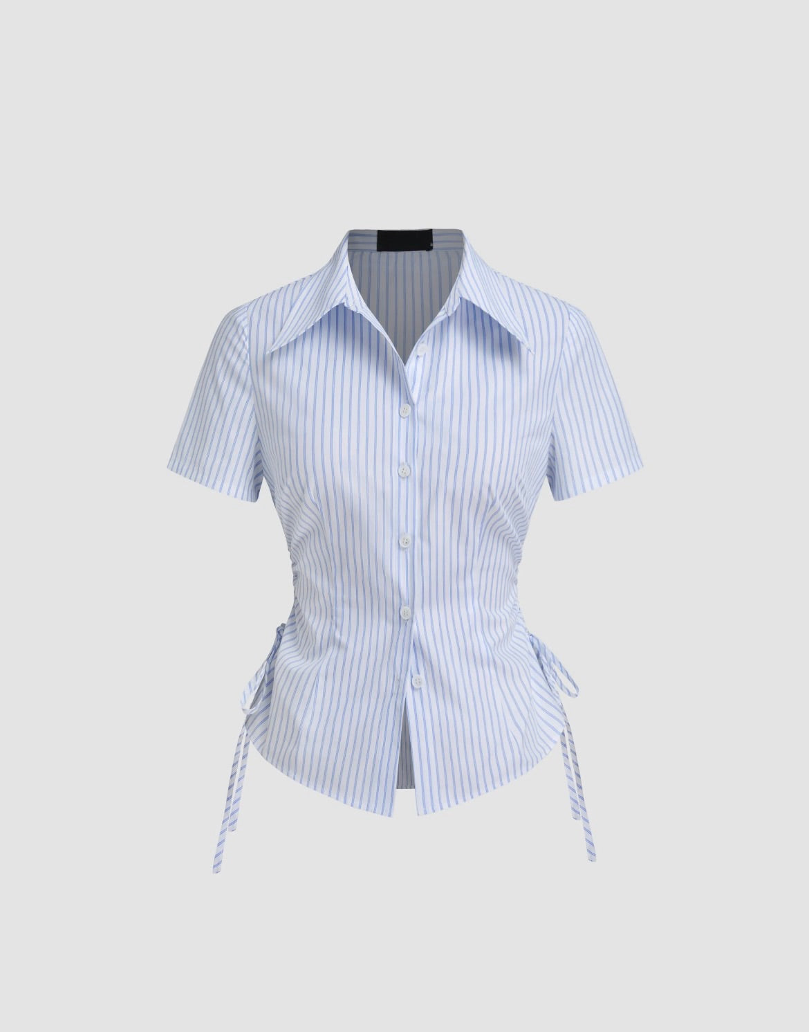 Cotton-Blend Polo Colar Stripe Drawstring Knotted Shirt