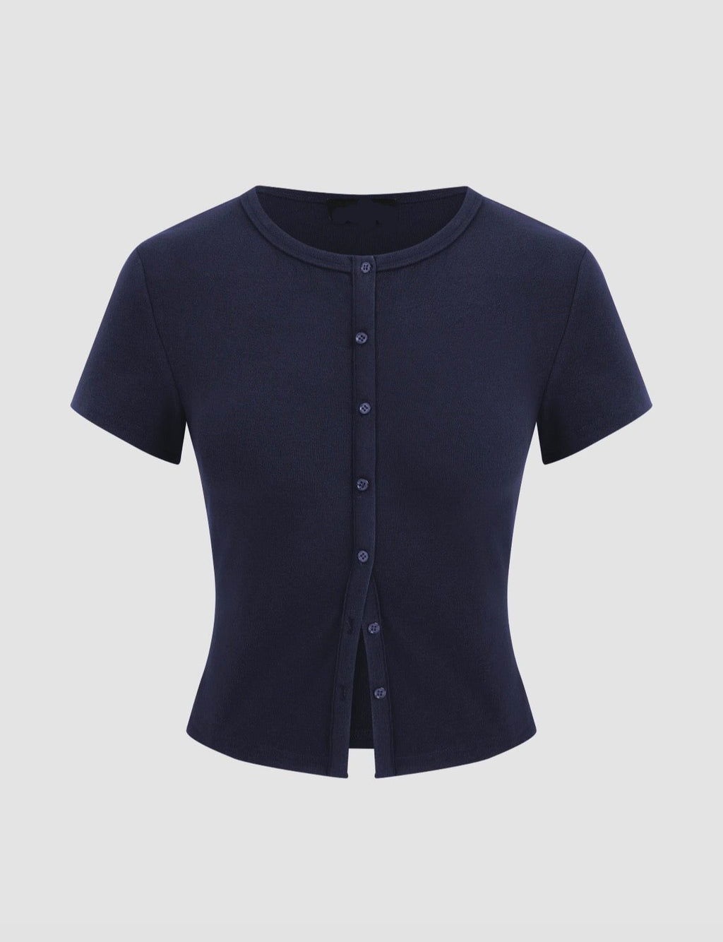 Round Neckline Solid Button Short Sleeve Top