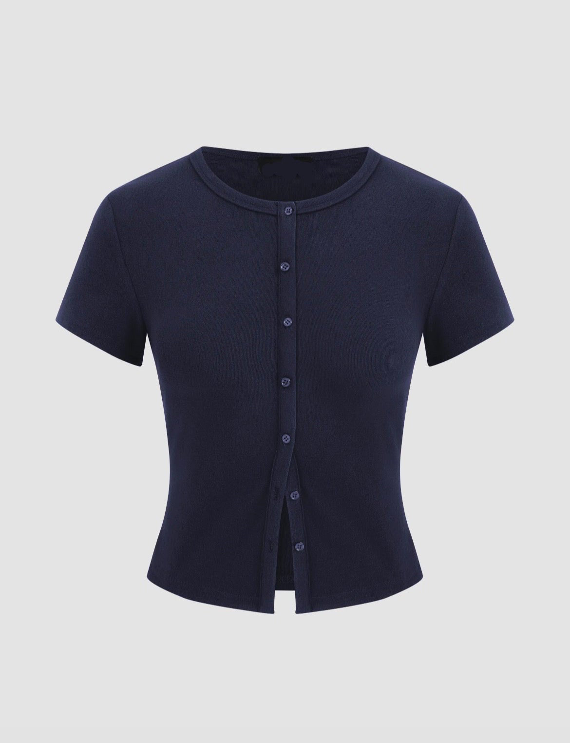 Round Neckline Solid Button Short Sleeve Top