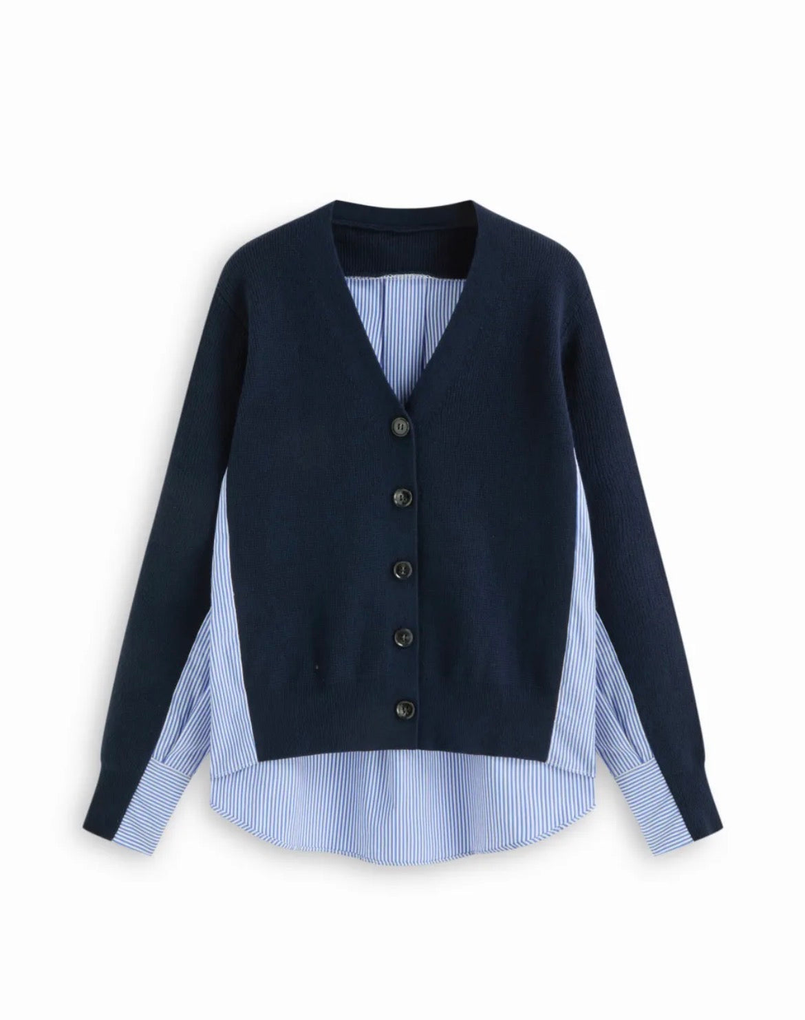 TWO TONE KNIT V-NECK STRIPED PATCHED OVERSIZED CARDIGAN