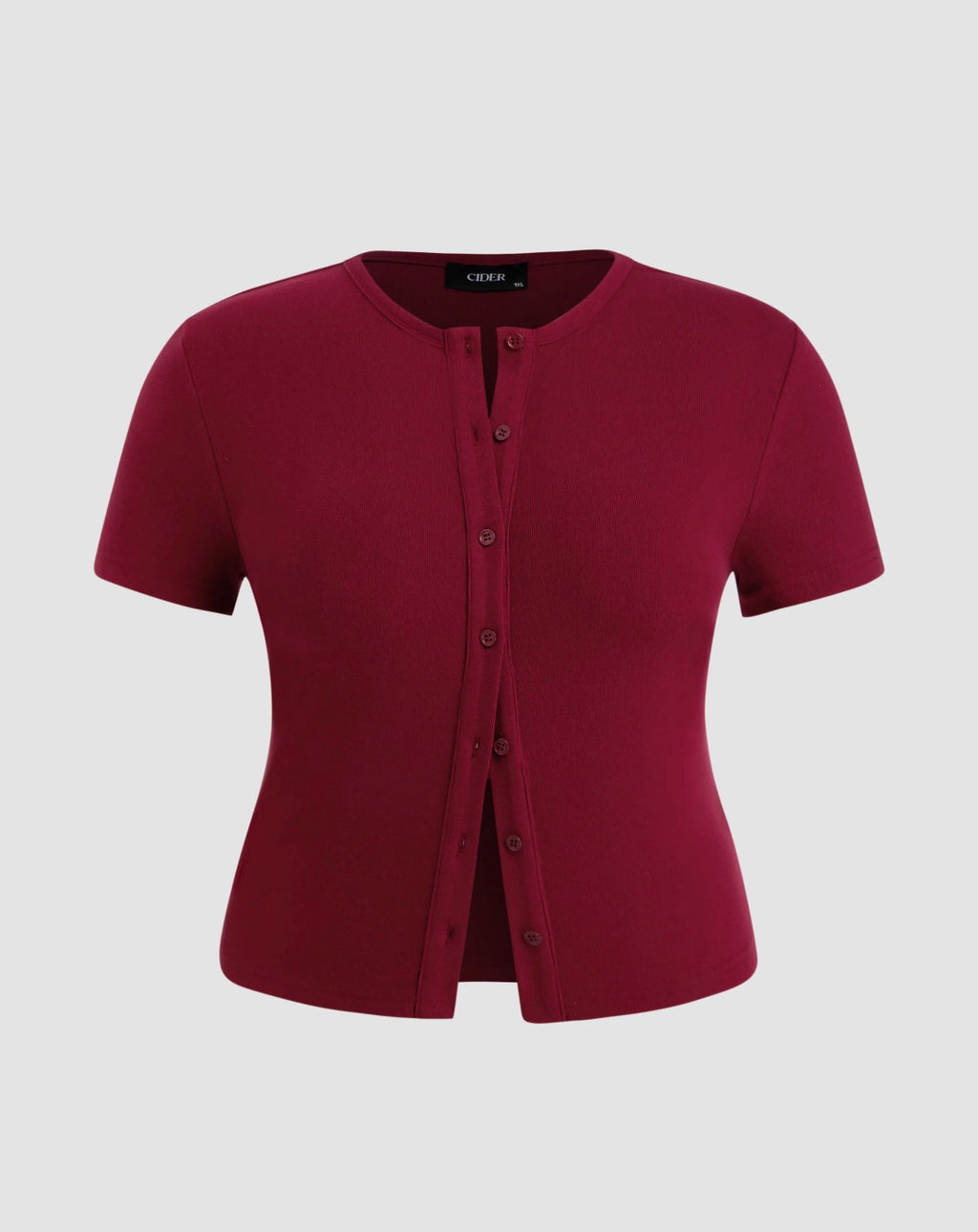 Round Neckline Solid Button Short Sleeve Top